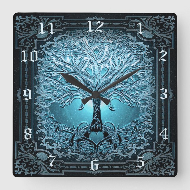 Horloge Carrée Arbre de vie en bleu (Recto)
