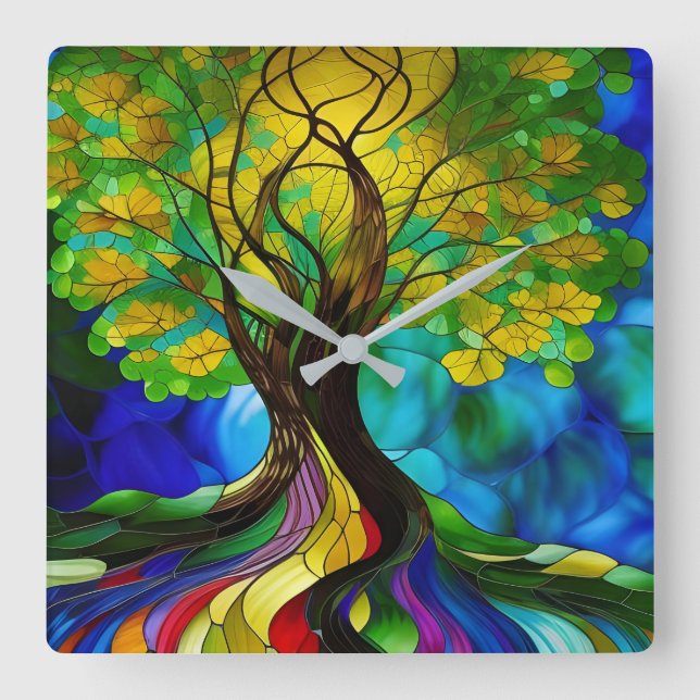 Horloge Carrée Arbre de vie Feuille vert et jaune (Recto)