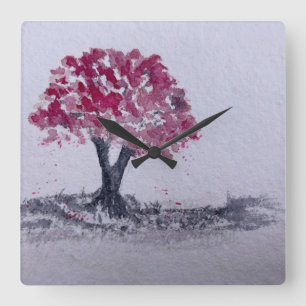 Horloge Carrée Arbre en fleurs de cerisier Aquarelle oeuvre d'art