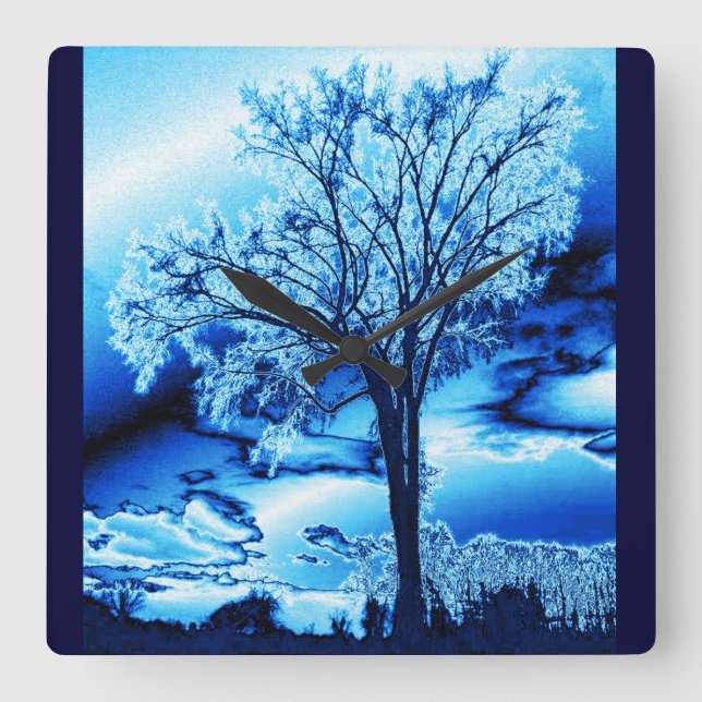 Horloge Carrée Arbre glacé bleu Couvercle murale (Recto)