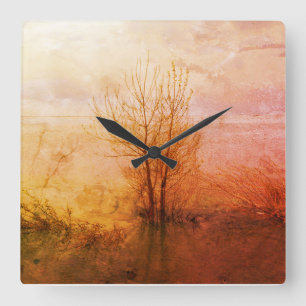 Horloge Carrée Arbre Nature Rustique Porté Patiné
