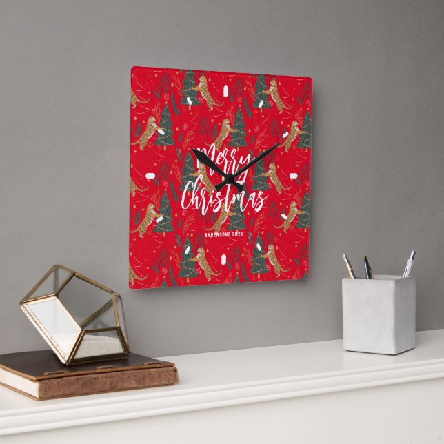 Horloge Carrée Arbres de Noël & tigres motif rouge arrière - plan (Bureau)