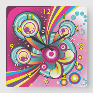 Horloge Carrée Arc-en-ciel coloré, bulles et étoiles