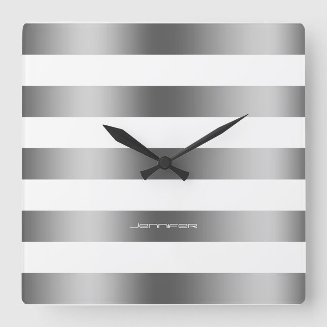 Horloge Carrée Architecture moderne de Silver Stripes Over White  (Recto)