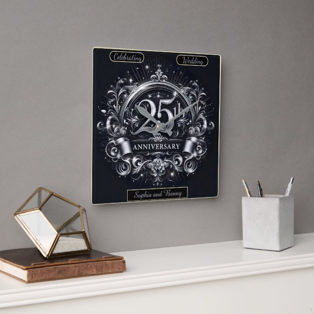 Horloge Carrée Argent chatoyant : 25e anniversaire (Bureau)