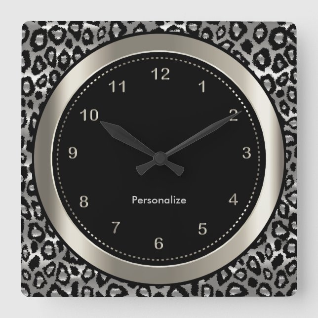 Horloge Carrée Argent métallique et empreinte de léopard noir (Recto)