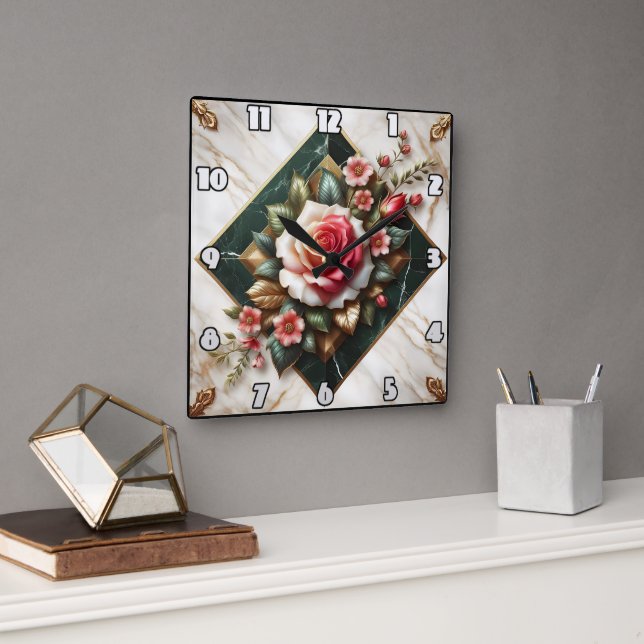 Horloge Carrée Arrangement rose sur le marbre élégant (Bureau)