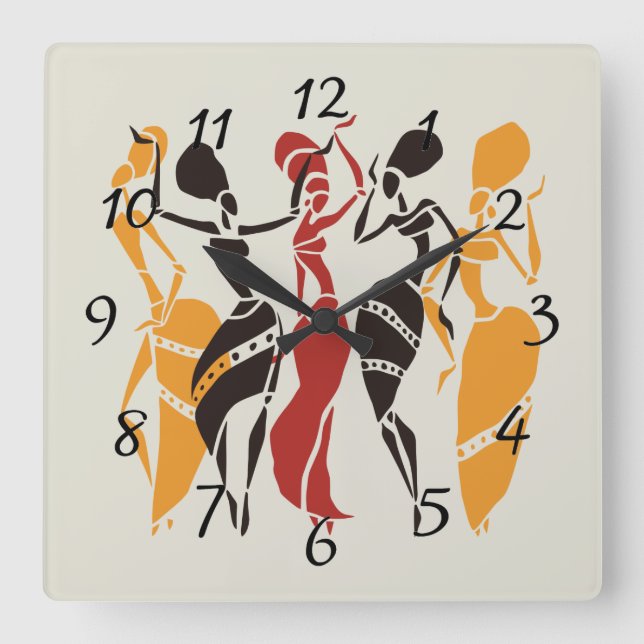 Horloge Carrée Arrière - plan de danseurs africains illustrés (Recto)