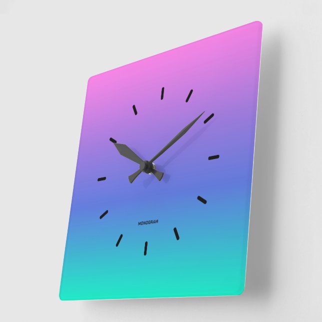 Horloge Carrée Arrière - plan de dégradé rose, violet et vert (Angle)