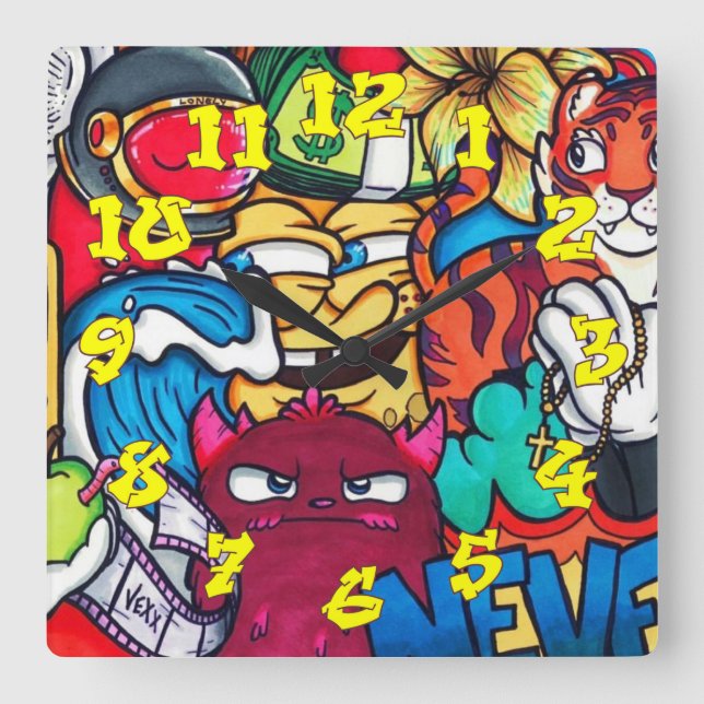 Horloge Carrée Arrière - plan de graffitis avec numéros de graffi (Recto)