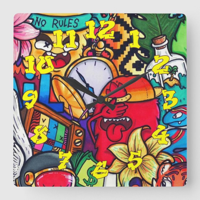 Horloge Carrée Arrière - plan de graffitis avec numéros de graffi (Recto)