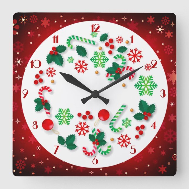 Horloge Carrée Arrière - plan des flocons rouges Simply Christmas (Recto)