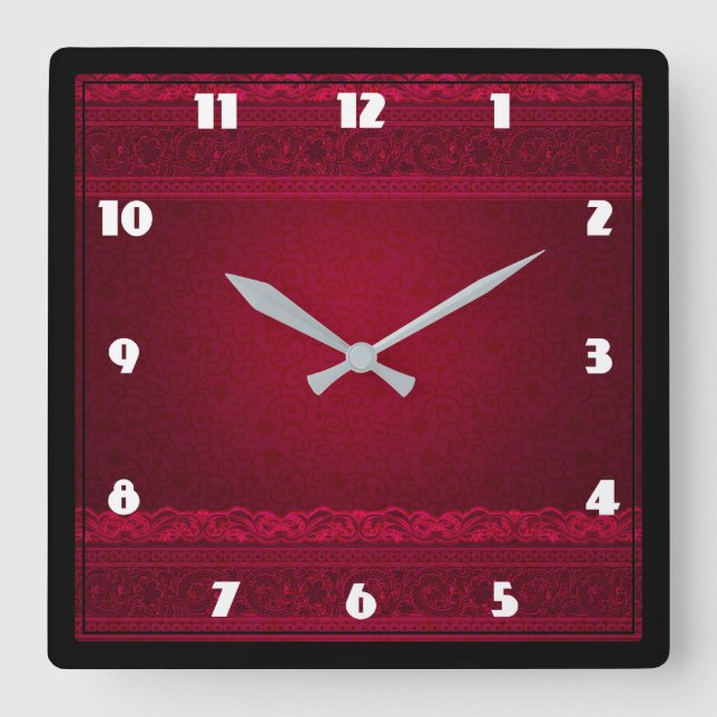 Horloge Carrée Arrière - plan rouge élégant et élégant (Recto)