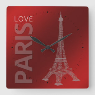 Horloge Carrée Arrière - plan rouge foncé de Paris d'amour