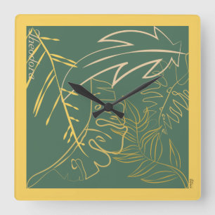 Horloge Carrée Arrière - plan vert feuille d'or chic