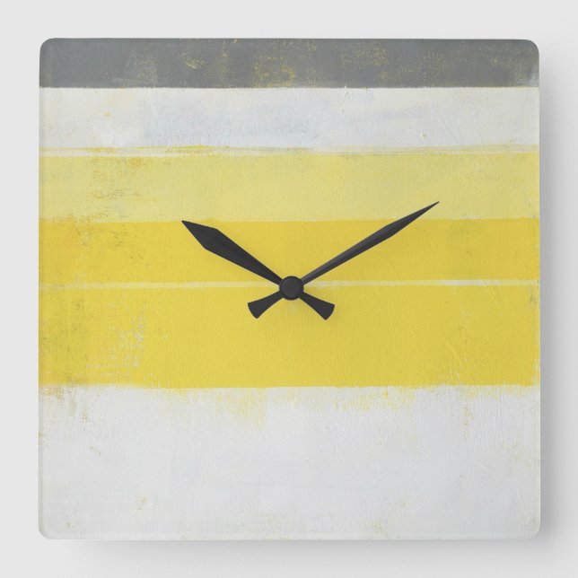 Horloge Carrée Art Abstrait "citrique" gris et jaune (Recto)