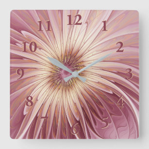 Horloge Carrée Art Abstrait Fractal Fleur & Tons de Bourgogne