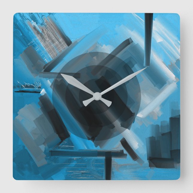 Horloge Carrée Art Abstrait moderne bleu noir gris dynamique (Recto)