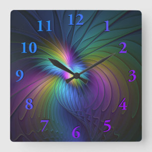 Horloge Carrée Art abstrait moderne coloré avec du bleu fractal