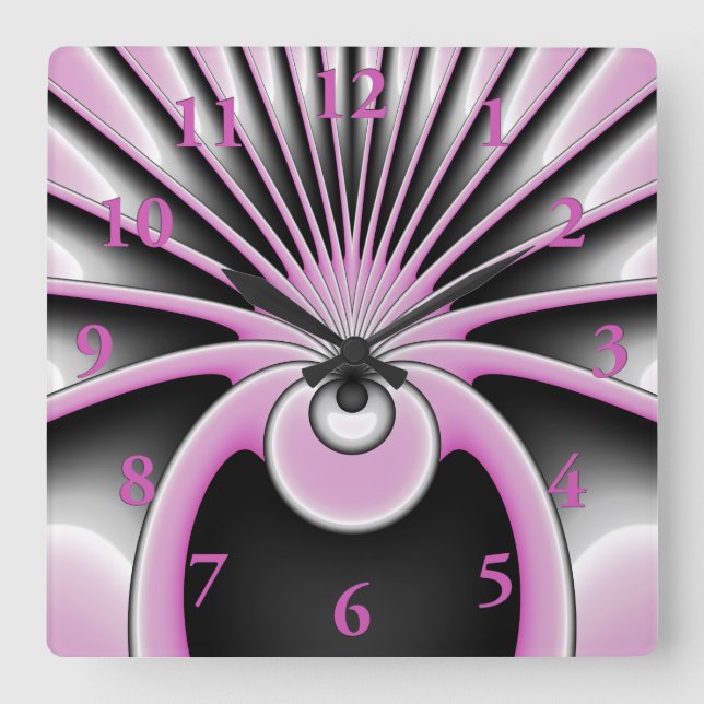 Horloge Carrée Art Abstrait moderne Fractal rose Gris noir (Recto)