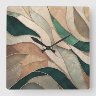 Horloge Carrée Art Abstrait mosaïque - Taupe et Emeraude