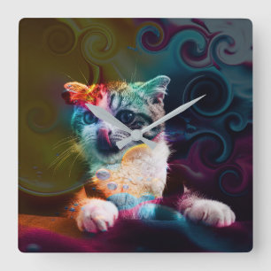 HORLOGE CARRÉE ART DE CHAT COLORÉ DRÔLE ET TENDANCE