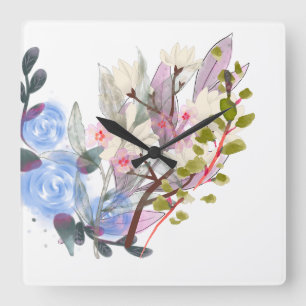 Horloge Carrée Art de feuilles florales – Fleurs élégantes et bot