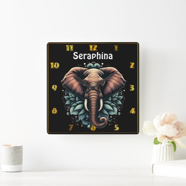 Horloge Carrée Art de l'éléphant de l'aube fleuri (Maison)