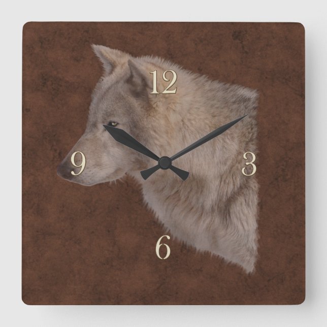 Horloge Carrée Art de portrait de faune de loup blanc (Recto)