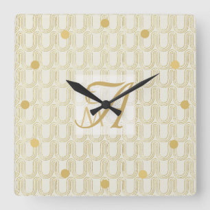 Horloge Carrée Art Déco 3 Lettre Monogram Gold Cream Motif Squ