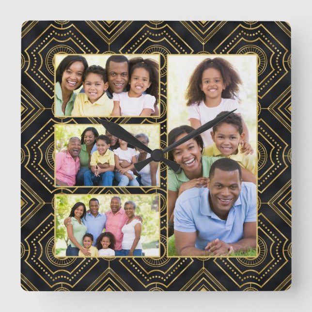 Horloge Carrée Art Déco Black Gold Ajouter votre photo de famille (Recto)