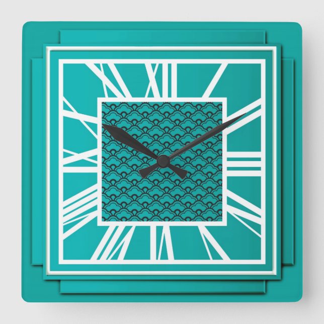 Horloge Carrée Art déco, bleu turquoise (Recto)