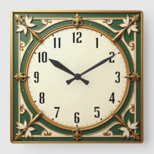 Horloge Carrée Art Déco Elegant Vert
