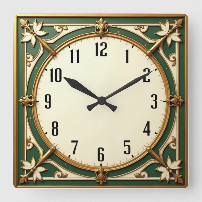 Horloge Carrée Art Déco Elegant Vert (Recto)