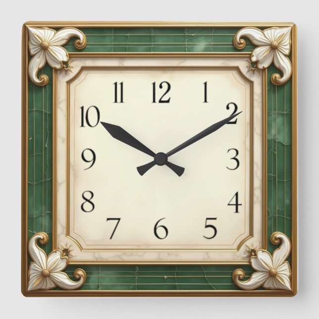 Horloge Carrée Art Déco Elegant Vert (Recto)