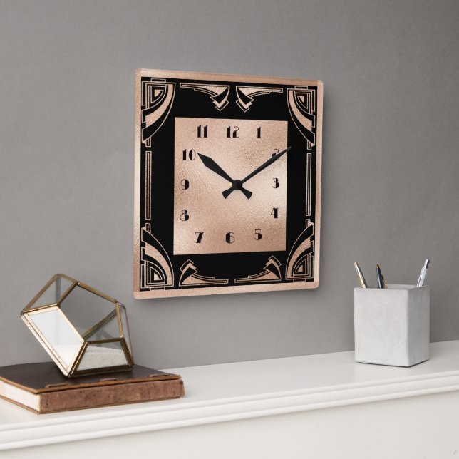 Horloge Carrée Art déco en cuivre noir et pâle (Bureau)