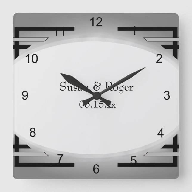 Horloge Carrée Art Déco Noir & Argent (Recto)