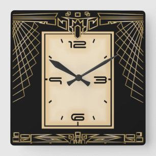 Horloge Carrée Art déco noir et or