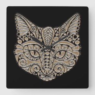 Horloge Carrée Art déco or et chat de style égyptien noir