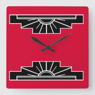 Horloge Carrée Art Deco Pattern in Red, Black and White Square