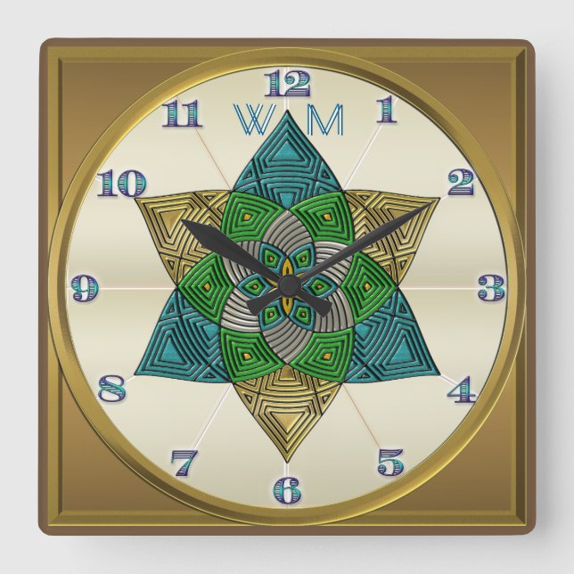Horloge Carrée Art Deco Peacock Feather Inspecred Mandala Monogra (Recto)