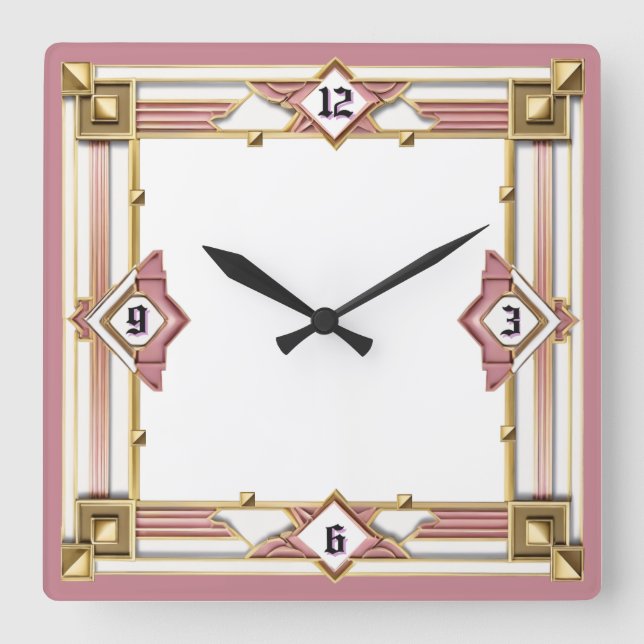 Horloge Carrée Art Déco Rose (Recto)