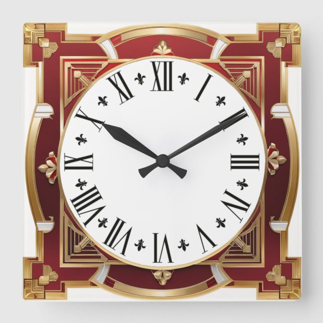 Horloge Carrée Art déco rouge (Recto)
