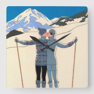 Horloge Carrée Art Déco vintage, Amants dans la neige par George 