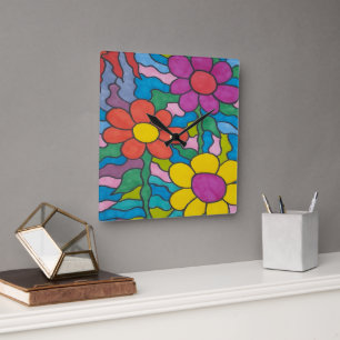 Horloge Carrée Art Fleur Hippie Rétro 