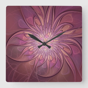 Horloge Carrée Art floral fractal moderne abstrait couleurs de ba