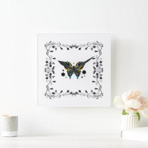 Horloge Carrée Art Floral Papillon Noir, Flutting Whimsical