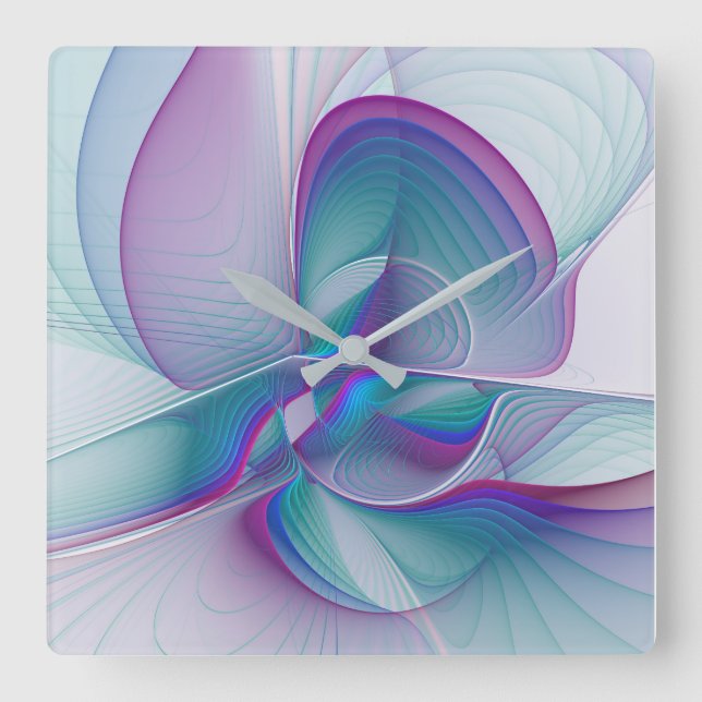 Horloge Carrée Art Fractal Abstrait rose bleu turquoise (Recto)