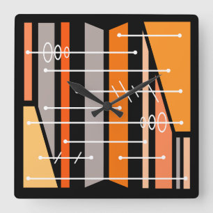 Horloge Carrée Art géométrique atomique Abstrait noir orange