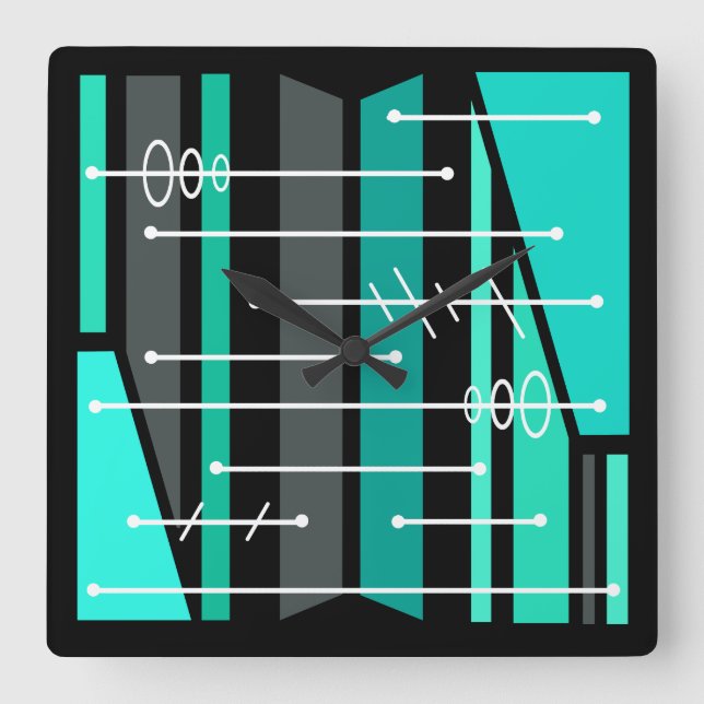 Horloge Carrée Art géométrique atomique Abstrait Turquoise noir (Recto)